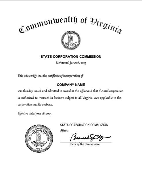 USA Virginia certificate of incorporation Word and PDF template